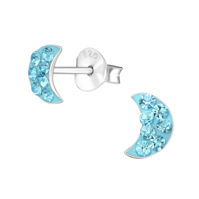 Children's Silver Crescent Moon Ear Studs with Crystal