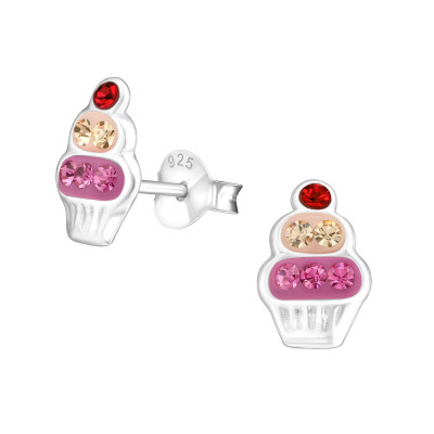 Children's Silver Cupcake Ear Studs with Crystal