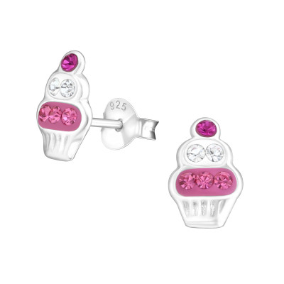 Children's Silver Cupcake Ear Studs with Crystal