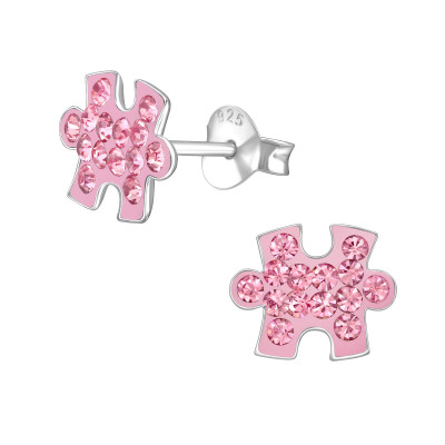 Children's Silver Jigsaw Ear Studs with Crystal