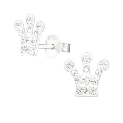 Children's Silver Crown Ear Studs with Crystal