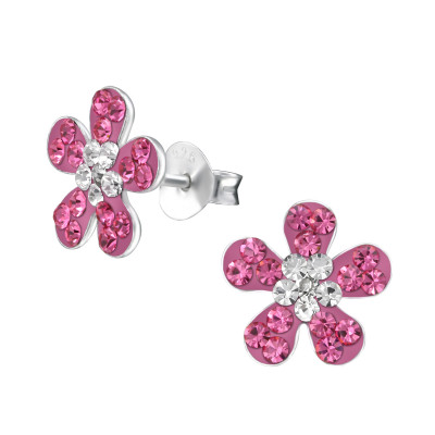 Children's Silver Flower Ear Studs with Crystal