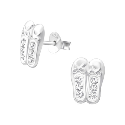 Children's Silver Ballerina Shoes Ear Studs with Crystal