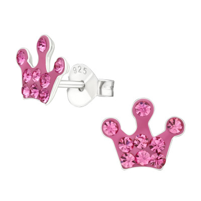 Children's Silver Crown Ear Studs with Crystal