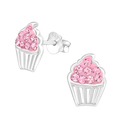 Children's Silver Cupcake Ear Studs with Genuine European Crystal