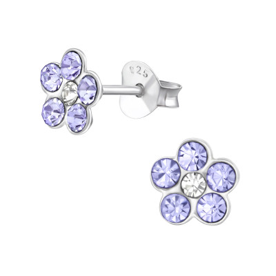 Children's Silver Flower Ear Studs with Crystal