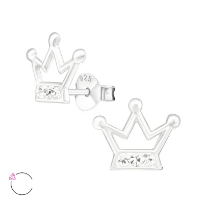 Children's Silver Crown Ear Studs with Crystal