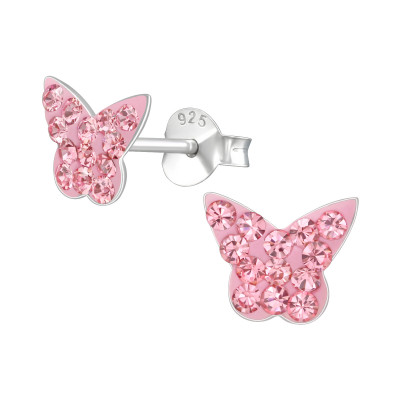 Children's Silver Butterfly Ear Studs with Crystal