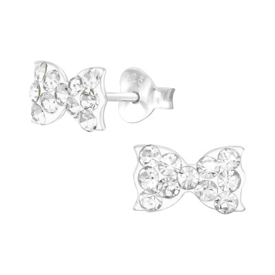 Children's Silver Bow Ear Studs with Crystal