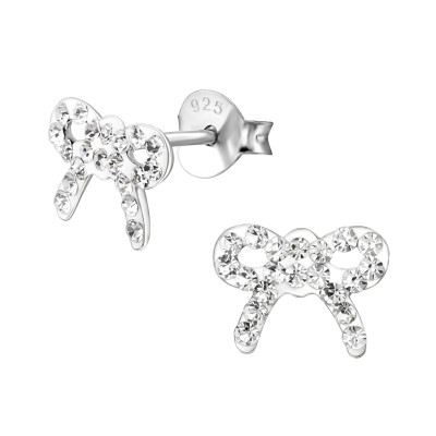 Children's Silver Ribbon Ear Studs with Crystal