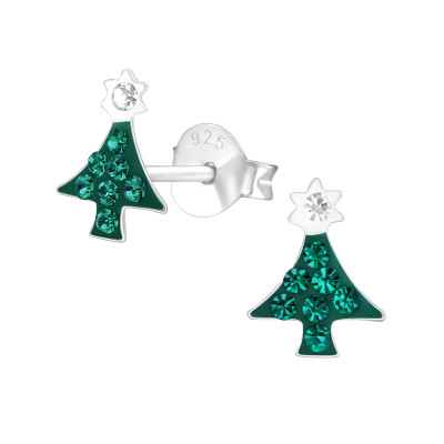 Children's Silver Christmas Tree Ear Studs with Crystal