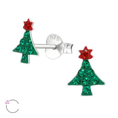 Children's Silver Tree Ear Studs with Genuine European Crystals