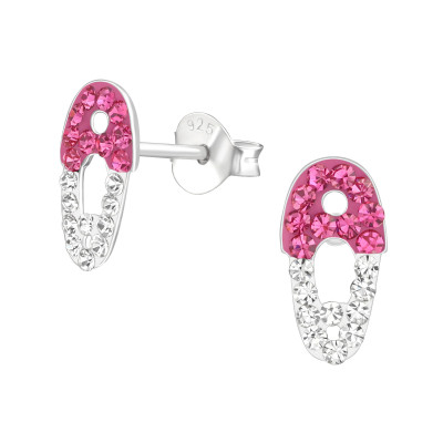 Children's Silver Safety Pin Ear Studs with Crystal