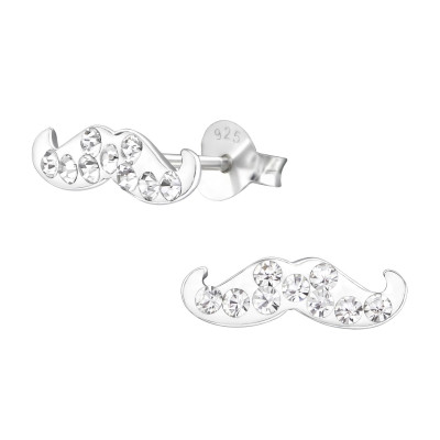 Children's Silver Mustache Ear Studs with Crystal