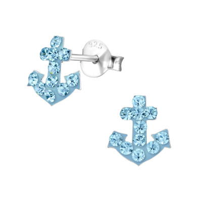 Children's Silver Anchor Ear Studs with Crystal