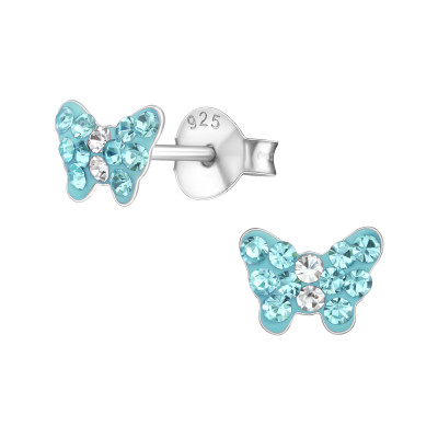 Children's Silver Butterfly Ear Studs with Crystal