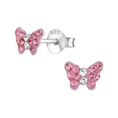 Children's Silver Butterfly Ear Studs with Crystal