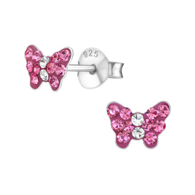 Children's Silver Butterfly Ear Studs with Crystal