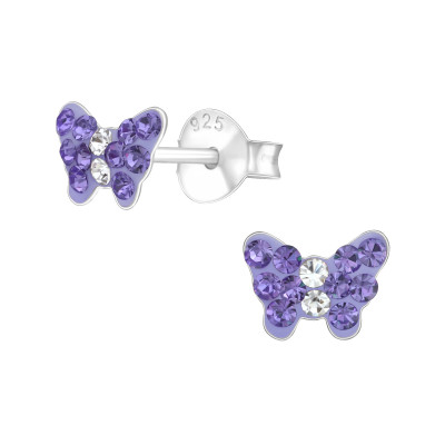 Children's Silver Butterfly Ear Studs with Crystal