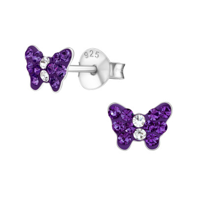 Children's Silver Butterfly Ear Studs with Crystal