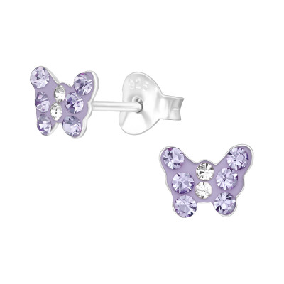 Children's Silver Butterfly Ear Studs with Crystal