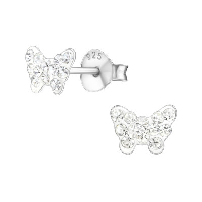 Children's Silver Butterfly Ear Studs with Crystal