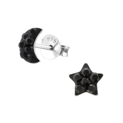 Children's Silver Moon and Star Ear Studs with Crystal