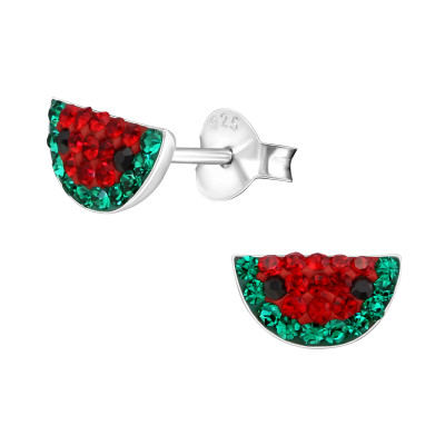 Children's Silver Watermelon Ear Studs with Crystal