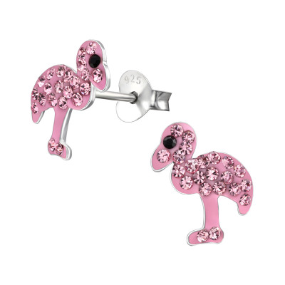 Children's Silver Flamingo Ear Studs with Crystal