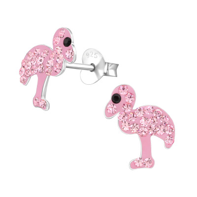 Children's Silver Flamingo Ear Studs with Genuine European Crystals