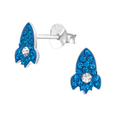 Children's Silver Rocket Ship Ear Studs with Crystal