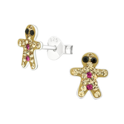 Children's Silver Gingerbread Man Ear Studs with Crystal