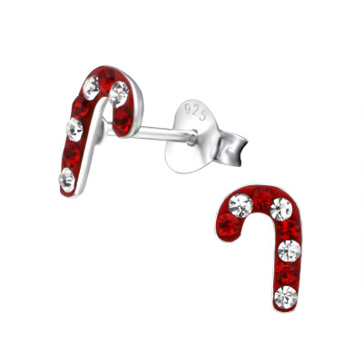 Children's Silver Candy Canes Ear Studs with Crystal