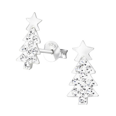 Children's Silver Christmas Tree Ear Studs with Crystal