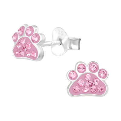 Children's Silver Paw Print Ear Studs with Crystal