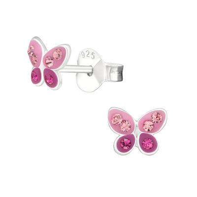 Children's Silver Butterfly Ear Studs with Crystal