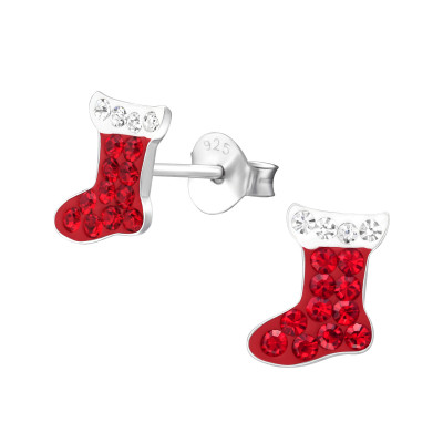 Children's Silver Christmas Stocking Ear Studs with Crystal