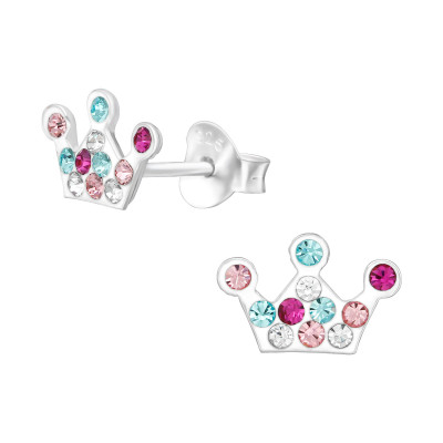 Children's Silver Crown Ear Studs with Crystal