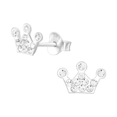 Children's Silver Crown Ear Studs with Crystal