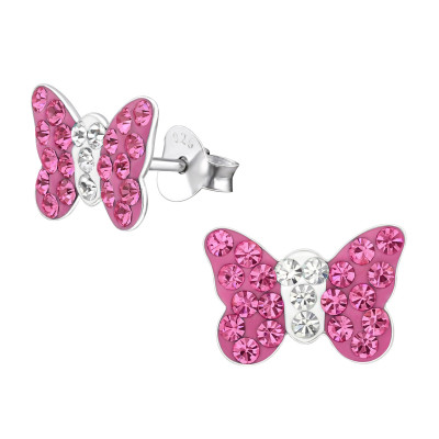 Children's Silver Butterfly Ear Studs with Crystal