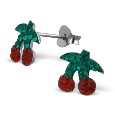 Children's Silver Cherry Ear Studs with Crystal