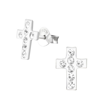 Children's Silver Cross Ear Studs with Crystal