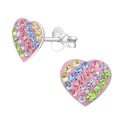 Children's Silver Heart Ear Studs with Crystal