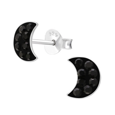 Children's Silver Crescent Moon Ear Studs with Crystal