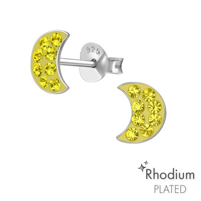 Children's Silver Crescent Moon Ear Studs with Crystal