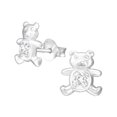 Children's Silver Bear Ear Studs with Crystal