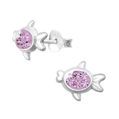 Children's Silver Fish Ear Studs with Crystal