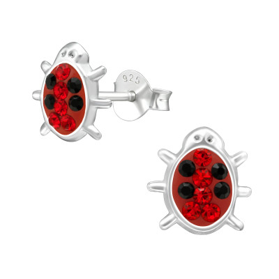 Children's Silver Red Bugs Ear Studs with Crystal