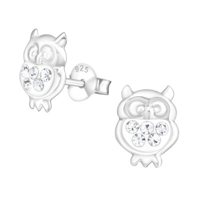 Children's Silver Owl Ear Studs with Crystal