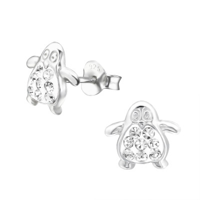 Children's Silver Penguin Ear Studs with Crystal